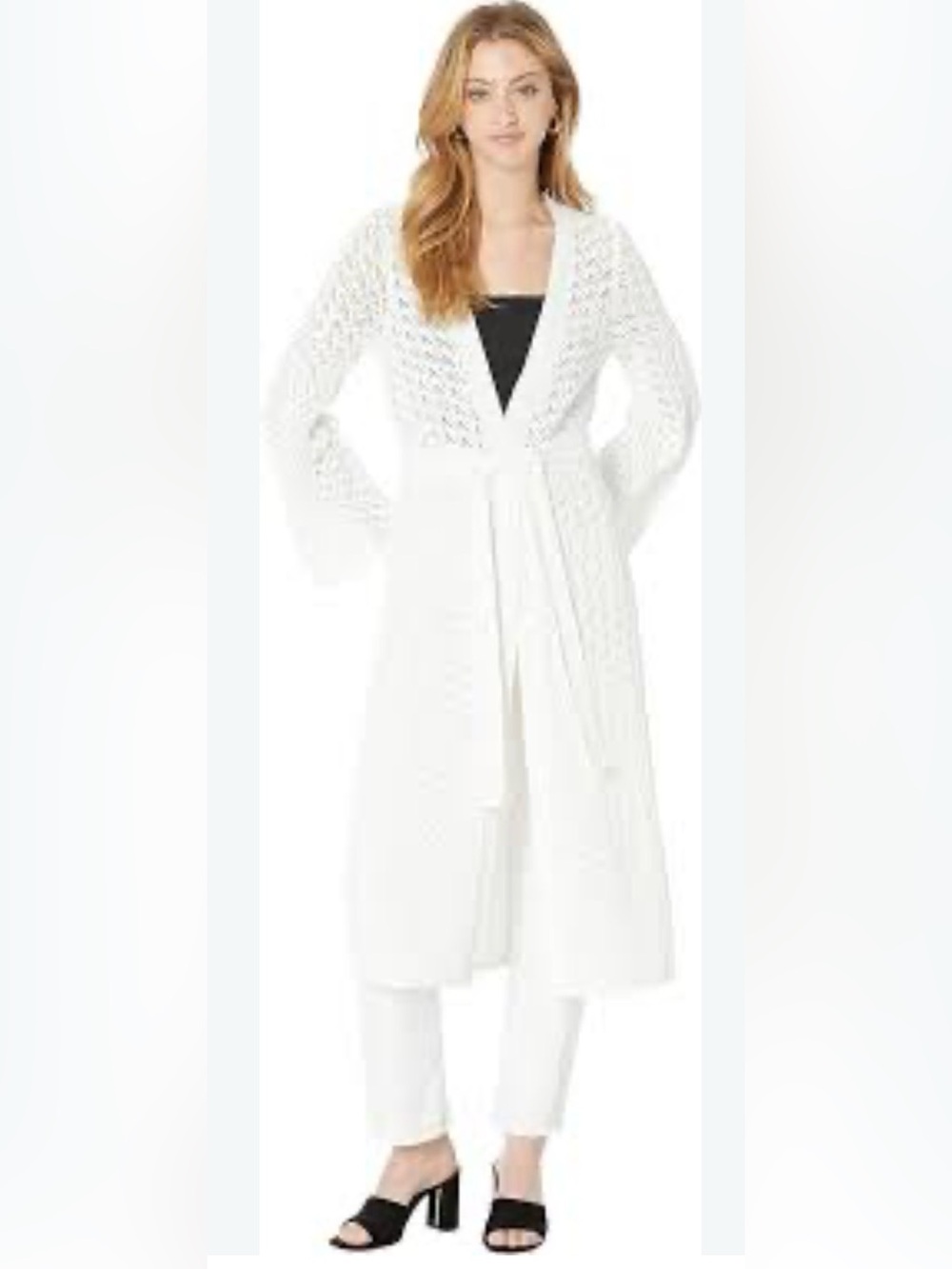 Trina Turk White Open-Knit Belted Long Cardigan